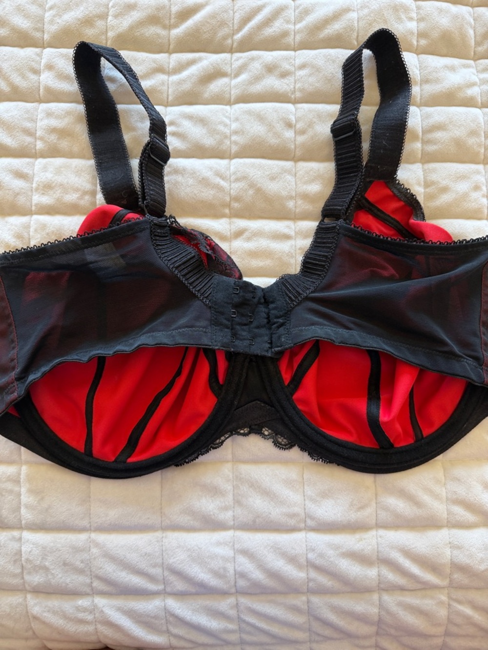 Elomi Red and Black Lace-Trim Full Cup Bra 36G with side support - Picture 3 of 5